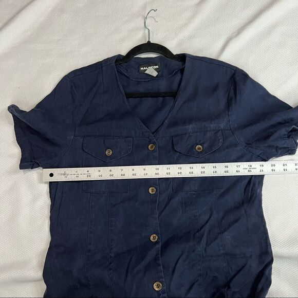 Vintage Halston Blue V Neck Full Button Front Short Sleeve Tencel Rayon Dress - Picture 2 of 9